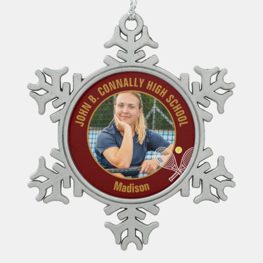 Maroon Gold Tennis Player Photo High School スノーフレークピューターオーナメント (正面)