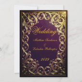  Maroon Gold Wedding Classic Marriage  招待状 (正面)