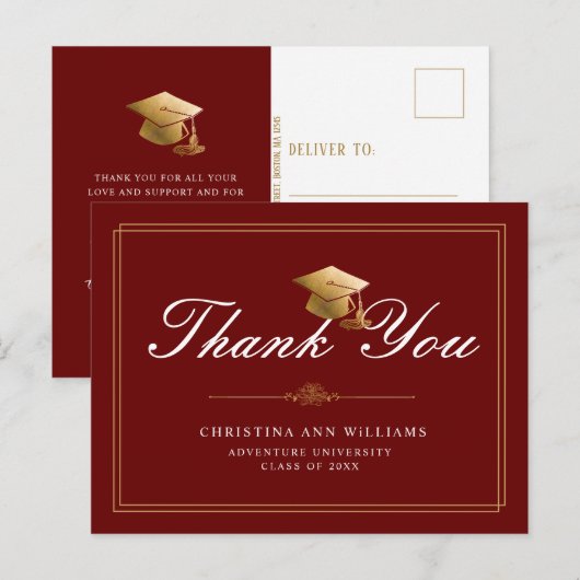 Maroon Gold White Script Graduation Thank You ポストカード (正面/裏面)