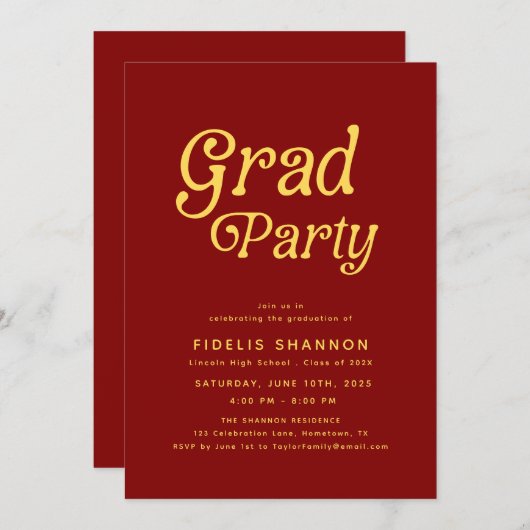 Maroon Grad Party Retro Graduation Invitation 招待状 (正面/裏面)