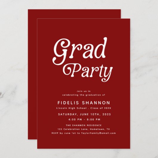 Maroon Grad Party Retro Graduation Invitation 招待状 (正面/裏面)