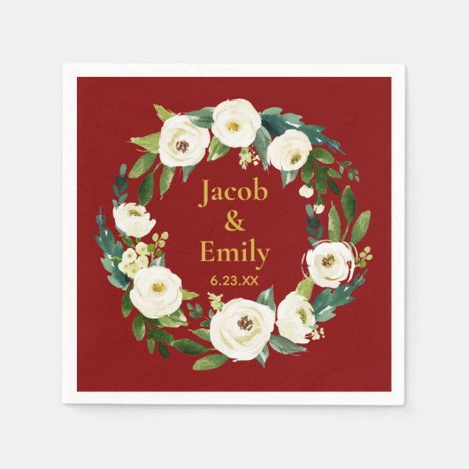 Maroon Greeneryパーソナライズされた Names Date結婚's スタンダードカクテルナプキン (正面)