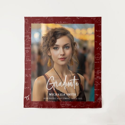 Maroon Math Handwritten Script Photo Graduation タペストリー (正面)