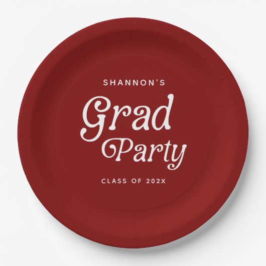 Maroon Minimal Retro Graduation Paper Plates ペーパープレート (正面)
