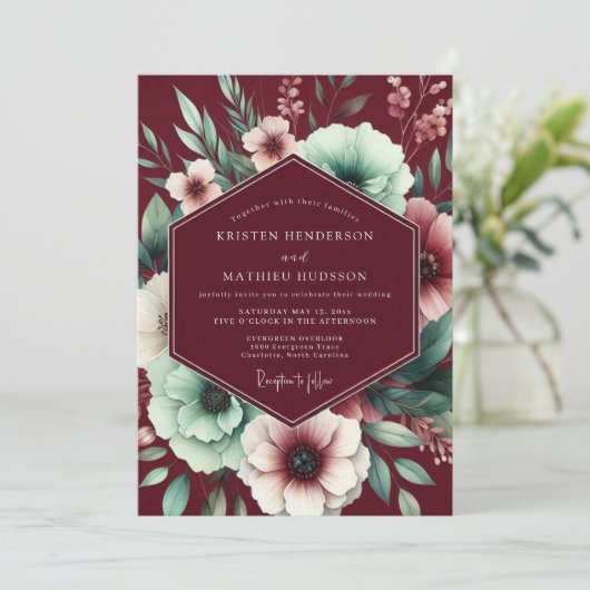 Maroon Mint Poetic Bloom Wedding 招待状 (スタンド正面)