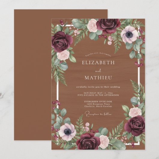 Maroon Moody Rustic Wedding 招待状 (正面/裏面)