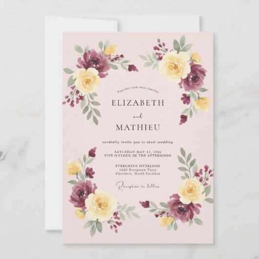 Maroon Ornate Botanical Wedding 招待状 (正面)