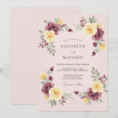 Maroon Ornate Botanical Wedding 招待状 (正面/裏面)