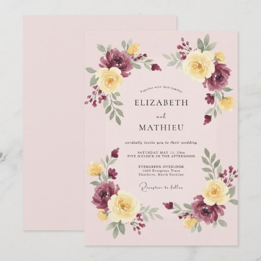 Maroon Ornate Botanical Wedding 招待状 (正面/裏面)