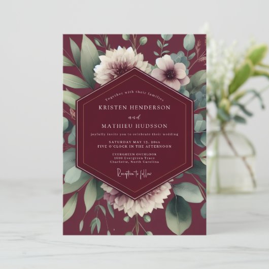 Maroon Painterly Flora Wedding 招待状 (スタンド正面)