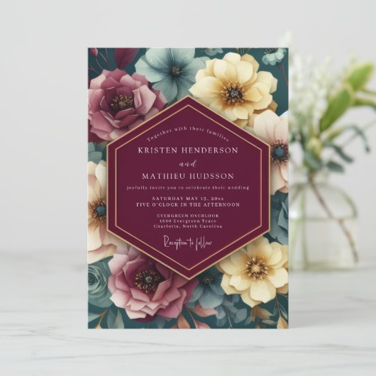 Maroon Painterly Floral Wedding 招待状 (スタンド正面)