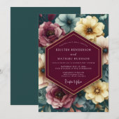 Maroon Painterly Floral Wedding 招待状 (正面/裏面)