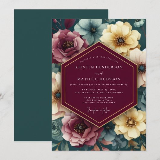 Maroon Painterly Floral Wedding 招待状 (正面/裏面)