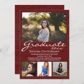Maroon Red Woodgrain 4写真モダン卒業 招待状 (正面/裏面)