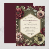Maroon Renaissance Bloom Wedding 招待状 (正面/裏面)
