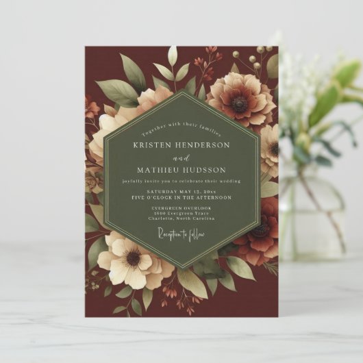 Maroon Romantic Botanical Wedding 招待状 (スタンド正面)