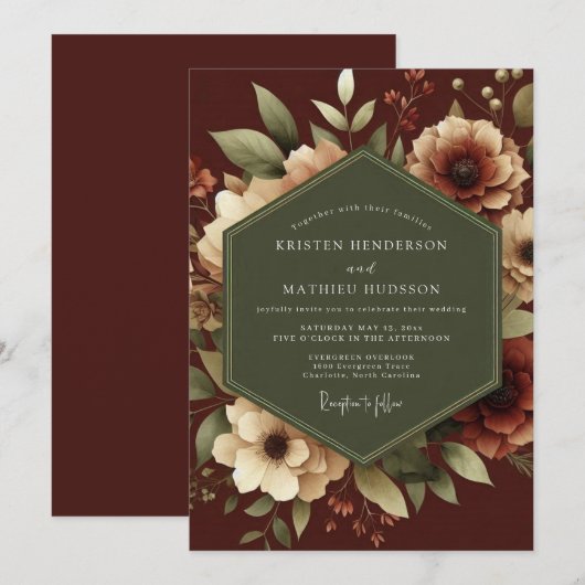 Maroon Romantic Botanical Wedding 招待状 (正面/裏面)