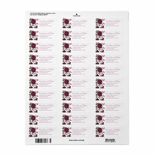 Maroon Rose Wedding Return Address Labels ラベル (フルシート)