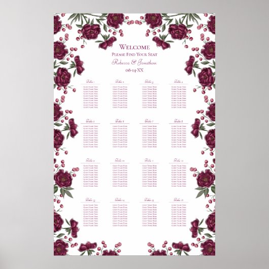Maroon Rose Wedding Seating Chart ポスター (正面)