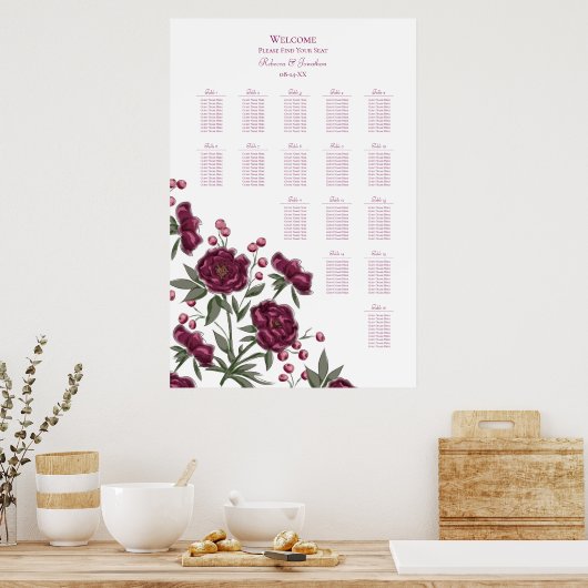 Maroon Rose Wedding Seating Chart ポスター (キッチン)