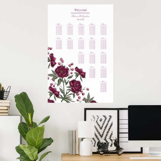 Maroon Rose Wedding Seating Chart ポスター (ホームオフィス)
