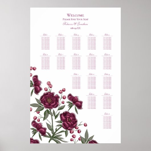 Maroon Rose Wedding Seating Chart ポスター (正面)