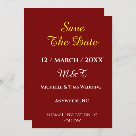 Maroon Save the Date Wedding Card | Elegant  招待状 (正面/裏面)