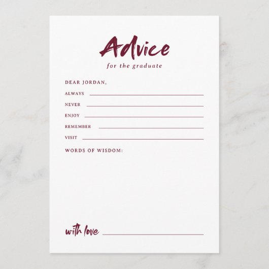 Maroon Simple Modern Brush Script Graduation アドバイスカード (正面)