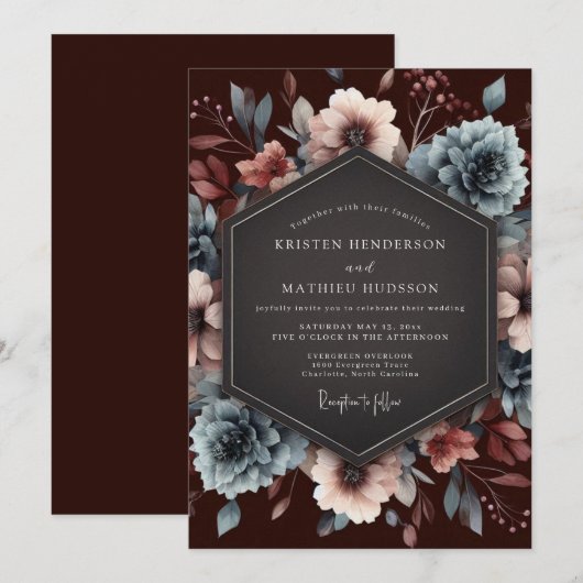 Maroon Slate Baroque Bloom Wedding 招待状 (正面/裏面)
