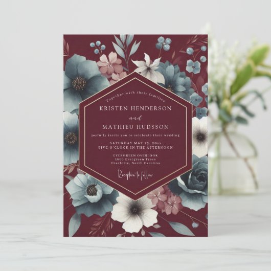 Maroon Slate Somber Bloom Wedding 招待状 (スタンド正面)