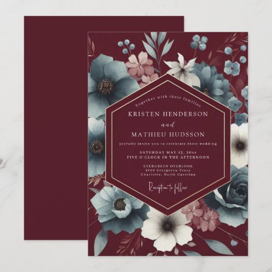 Maroon Slate Somber Bloom Wedding 招待状 (正面/裏面)
