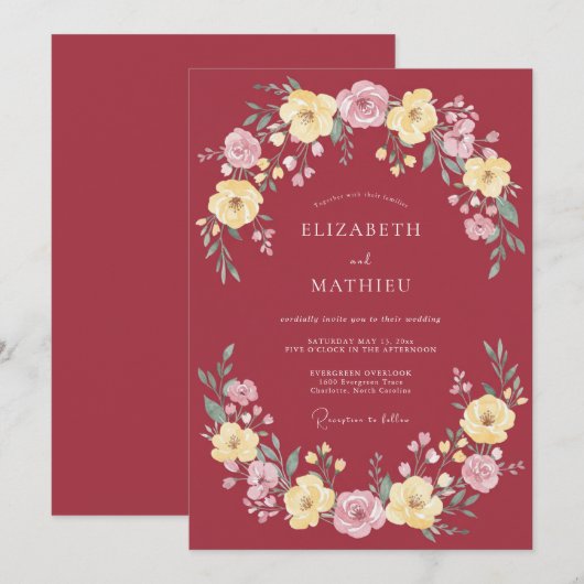 Maroon Stately Botanical Wedding 招待状 (正面/裏面)