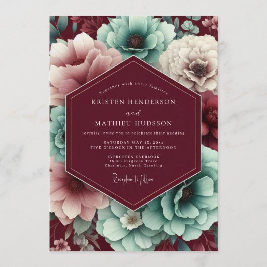 Maroon & Teal Autumnal Bloom Wedding 招待状 (正面)
