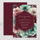 Maroon & Teal Autumnal Bloom Wedding 招待状 (正面/裏面)