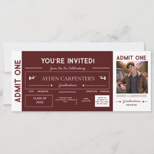 Maroon & White Graduation Faux Ticket | 招待状 (正面)