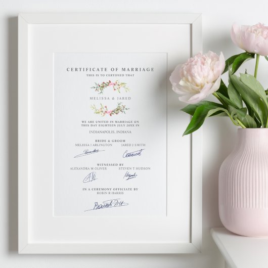 Marriage Certificate with Floral Garland in Pink ポスター