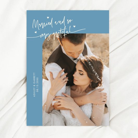 Married and Grateful Wedding Photo Denim Blue サンキューカード