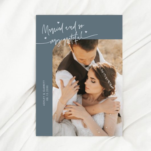 Married and Grateful Wedding Photo Slate Blue サンキューカード