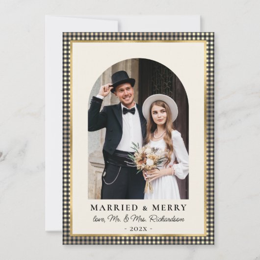 Married and Merry Arch Photo Black Gold Plaid シーズンカード (正面)
