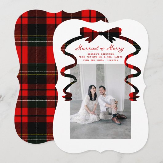 Married and Merry Bow Photo Christmas Newlyweds シーズンカード (正面/裏面)