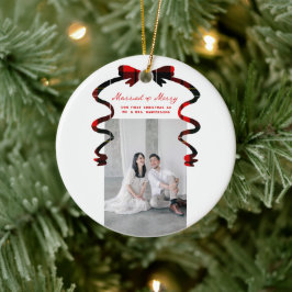 Married and Merry Bow Photo Christmas Newlyweds セラミックオーナメント