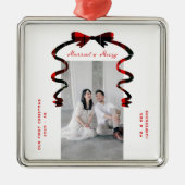 Married and Merry Bow Photo Christmas Newlyweds メタルオーナメント (正面)