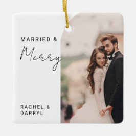 Married and Merry Photo Minimal Script Elegant セラミックオーナメント