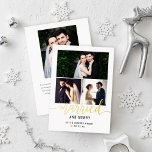 Married and Merry Wedding Photo Collage Gold 箔シーズンカード<br><div class="desc">Modern "Married and Merry" holiday photo collage card for newlyweds features 3 favorite photos from the wedding day on the front with gold foil and black custom text that can be personalized with names and wedding date. A small gold foil heart accents the design. The back of the card includes...</div>