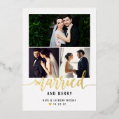 Married and Merry Wedding Photo Collage Gold 箔シーズンカード (正面)