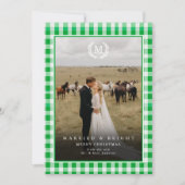 "Married & Bright" ギンガムモノグラムクラスト2枚の写真入り サンキューカード (正面)