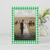 "Married & Bright" ギンガムモノグラムクラスト2枚の写真入り サンキューカード (スタンド正面)