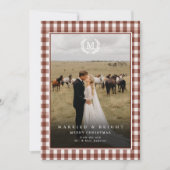 "Married & Bright" ギンガムモノグラムクラスト2枚の写真入り サンキューカード (正面)