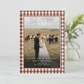 "Married & Bright" ギンガムモノグラムクラスト2枚の写真入り サンキューカード (スタンド正面)