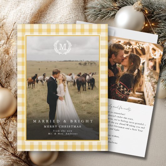 "Married & Bright" ギンガムモノグラムクラスト2枚の写真入り サンキューカード